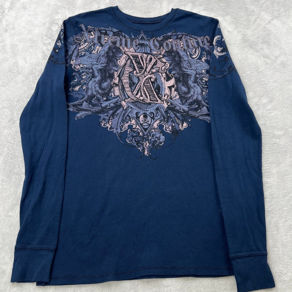 Xtreme Couture Graphic Thermal Shirt Size L Navy Blue Mens MMA Y2K Streetwear